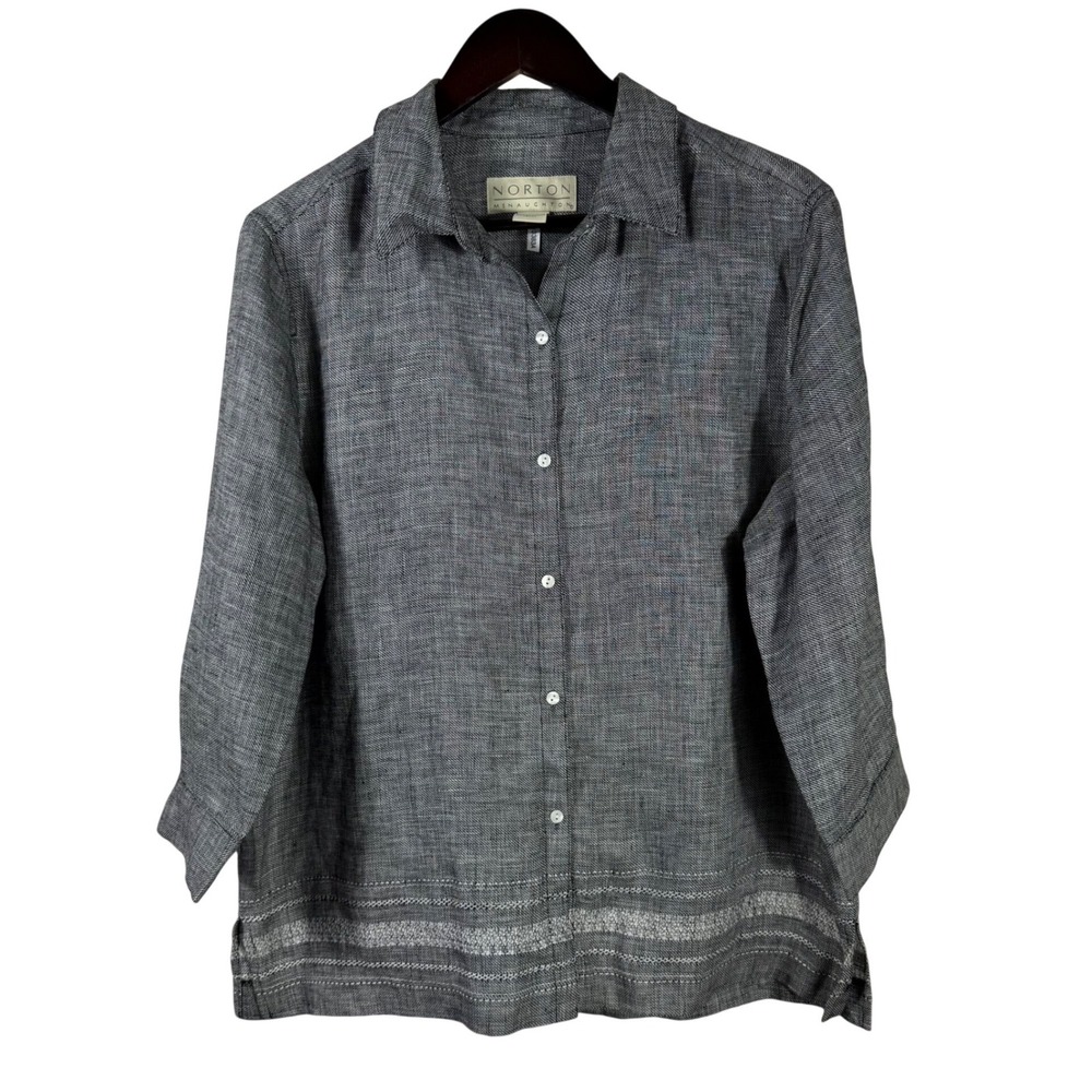 Norton McNaughton‎ Collared Gray Linen Button-Up Top Size L Textured Weave